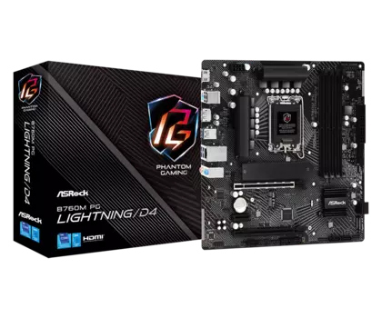 Материнская плата ASRock B760M PG LIGHTNING/D4, Socket1700, Intel B760, 4xDDR4, 2PCI-Ex16, 4SATA3, 7.1-ch, GLAN, 5 USB 3.2, 1 USB Type-C, HDMI, DP, mATX, Retail