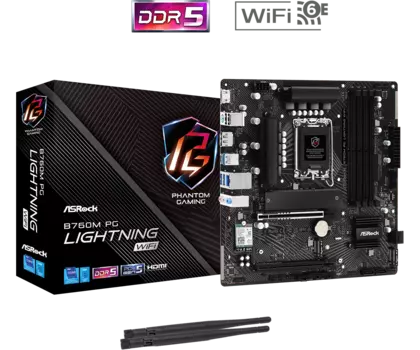 Материнская плата ASRock B760M PG LIGHTNING WIFI, Socket1700, Intel B760, 4xDDR5 DIMM, 2PCI-Ex16, 4SATA3, 7.1-ch, 2.5GLAN, 5 USB 3.2, 1 USB Type-C, HDMI, DP, mATX, Retail