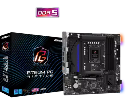 Материнская плата ASRock B760M PG RIPTIDE, Socket1700, Intel B760, 4xDDR5 DIMM, PCI-Ex16, 4SATA3, 7.1-ch, 2.5GLAN, 5 USB 3.2, 2 USB Type-C, HDMI, DP, mATX, Retail