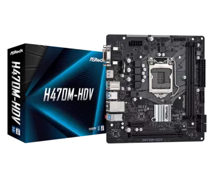Материнская плата ASRock H470M-HDV, Socket1200, Intel H470, 2xDDR4, PCI-Ex16, 4SATA3, 7.1-ch, GLAN, 4 USB 3.2, VGA, DVI, HDMI, mATX, Retail