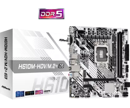 Материнская плата ASRock H610M-HDV/M.2+ D5, Socket1700, Intel H610, 2xDDR5 DIMM, PCI-Ex16, 4SATA3, 7.1-ch, GLAN, 3 USB 3.2, 1 USB Type-C, VGA, HDMI, DP, mATX, Retail