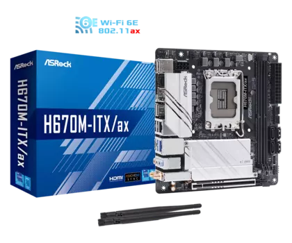 Материнская плата ASRock H670M-ITX/AX, Socket1700, Intel H670, 2xDDR4, PCI-Ex16, 4SATA3, 7.1-ch, 2.5GLAN, 4 USB 3.2, 2 USB Type-C, HDMI, DP, mini-ITX, Retail