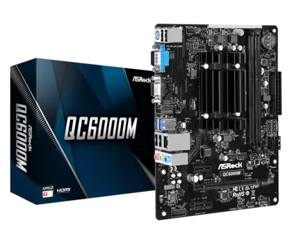 Материнская плата ASRock QC6000M, SoC, AMD E2 6110, встроен в мат.плату, 2xDDR3, PCI-Ex16, 2SATA3, 7.1-ch, GLAN, 2 USB 3.2, VGA, HDMI, mATX, Retail