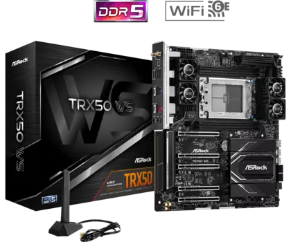 Материнская плата ASRock TRX50 WS, sTR5, AMD TRX50, 4xDDR5 DIMM, 5PCI-Ex16, 4SATA3, 7.1-ch, 2.5GLAN, 10GLAN, 8 USB 3.2, 3 USB Type-C, ATX, Retail