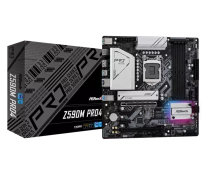Материнская плата ASRock Z590M PRO4, Socket1200, Intel Z590, 4xDDR4, 2PCI-Ex16, 4SATA3, 7.1-ch, GLAN, 8 USB 3.2, 1 USB Type-C, HDMI, DP, mATX, Retail