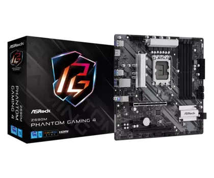 Материнская плата ASRock Z690M PHANTOM GAMING 4, LGA1700, Intel Z690, 4xDDR4, 2PCI-Ex16, 4SATA3, 7.1-ch, GLAN, 10 USB 3.2, HDMI, mATX, Retail