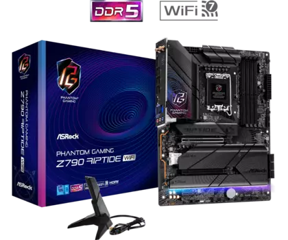 Материнская плата ASRock Z790 RIPTIDE WIFI, Socket1700, Intel Z790, 4xDDR5 DIMM, 2PCI-Ex16, 8SATA3, 7.1-ch, 2.5GLAN, 8 USB 3.2, 2 USB Type-C, HDMI, DP, ATX, Retail
