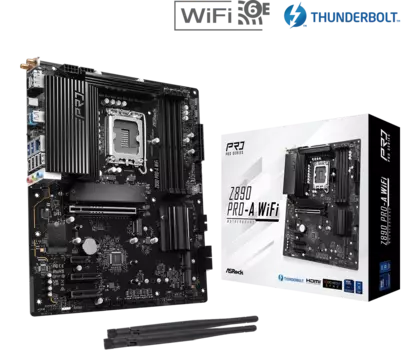 Материнская плата ASRock Z890 PRO-A WIFI, LGA1851, Intel Z890, 4xDDR5 DIMM, PCI-Ex16, 4SATA3, 7.1-ch, 2.5GLAN, 7 USB 3.2, 3 USB Type-C, HDMI, DP, Type-C DP, ATX, Retail