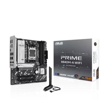 Материнская плата ASUS PRIME B840M-A WIFI, AM5, AMD B840, 4xDDR5 DIMM, 3PCI-Ex16, 4SATA3, 7.1-ch, 2.5GLAN, 4 USB 3.2, 2 USB Type-C, HDMI, DP, mATX, Retail