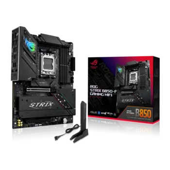 Материнская плата ASUS ROG STRIX B850-F GAMING WIFI, AM5, AMD B850, 4xDDR5 DIMM, 2PCI-Ex16, 2SATA3, 7.1-ch, GLAN, 8 USB 3.2, 3 USB Type-C, HDMI, DP, ATX, Retail