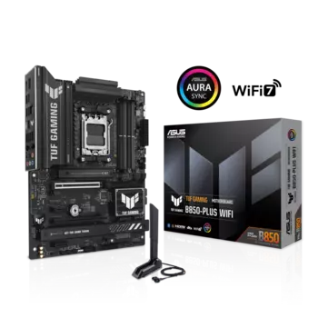 Материнская плата ASUS TUF GAMING B850-PLUS WIFI, AM5, AMD B850, 4xDDR5 DIMM, 2PCI-Ex16, 4SATA3, 7.1-ch, 2.5GLAN, 9 USB 3.2, 2 USB Type-C, HDMI, DP, ATX, Retail