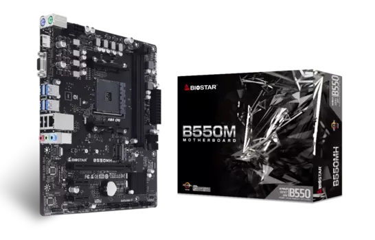 Материнская плата Biostar B550MH, SocketAM4, AMD B550, 2xDDR4, PCI-Ex16, 4SATA3, 7.1-ch, GLAN, 8USB 3.2, VGA, HDMI, mATX, Retail