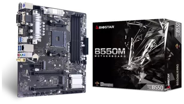 Материнская плата Biostar B550MX/E PRO, SocketAM4, AMD B550, 4xDDR4, 2PCI-Ex16, 4SATA3, 7.1-ch, GLAN, 6 USB 3.2, VGA, DVI, HDMI, mATX, Retail