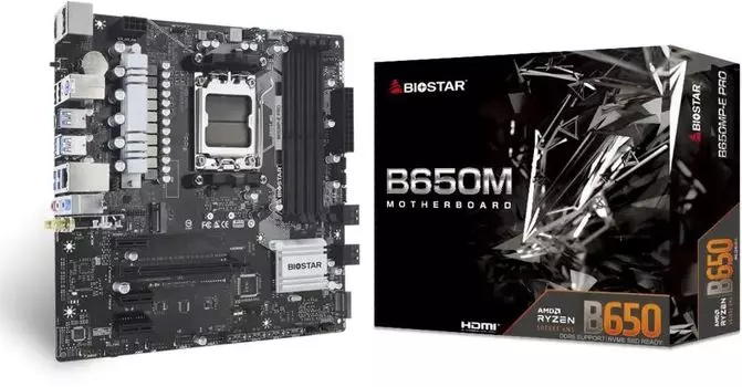 Материнская плата Biostar B650MP-E Pro, AM5, AMD B650, 4xDDR5 DIMM, PCI-Ex16, 4SATA3, 7.1-ch, 2.5GLAN, 7 USB 3.2, 2 USB Type-C, HDMI, DP, mATX, Retail