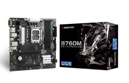 Материнская плата Biostar B760MZ-E PRO, Socket1700, Intel B760, 4xDDR5 DIMM, 2PCI-Ex16, 4SATA3, 7.1-ch, 2.5GLAN, 5 USB 3.2, 1 USB Type-C, VGA, DVI, HDMI, DP, mATX, Retail