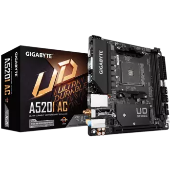Материнская плата GIGABYTE A520I AC, SocketAM4, AMD A520, 2xDDR4, PCI-Ex16, 4SATA3, 7.1-ch, GLAN, 6USB 3.2, HDMI, DisplayPort, mini-ITX, Retail
