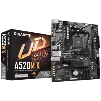Материнская плата GIGABYTE A520M K, SocketAM4, AMD A520, 2xDDR4, PCI-Ex16, 4SATA3, 7.1-ch, GLAN, 6 USB 3.2, HDMI, mATX, Retail