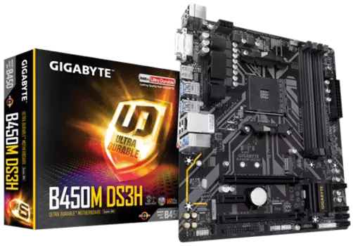 Материнская плата GIGABYTE B450M DS3H, SocketAM4, AMD B450, 4xDDR4, 2PCI-Ex16, 4SATA3, 7.1-ch, GLAN, 6USB 3.1, DVI, HDMI, mATX, Retail