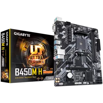 Материнская плата GIGABYTE B450M H, SocketAM4, AMD B450, 2xDDR4, PCI-Ex16, 4SATA3, 7.1-ch, 6USB 3.1, VGA, HDMI, mATX, Retail