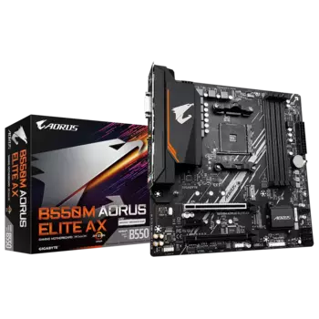 Материнская плата GIGABYTE B550M AORUS ELITE AX, SocketAM4, AMD B550, 4xDDR4, 2PCI-Ex16, 4SATA3, 7.1-ch, GLAN, 6 USB 3.2, DVI, HDMI, mATX, Retail