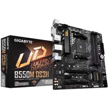 Материнская плата GIGABYTE B550M DS3H, SocketAM4, AMD B550, 4xDDR4, 2PCI-Ex16, 4SATA3, 7.1-ch, GLAN, 6 USB 3.2, DVI, HDMI, mATX, Retail