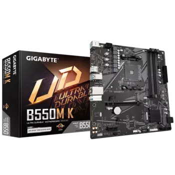 Материнская плата GIGABYTE B550M K, SocketAM4, AMD B550, 4xDDR4, PCI-Ex16, 4SATA3, 7.1-ch, GLAN, 6 USB 3.2, HDMI, DP, mATX, Retail