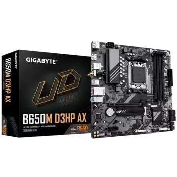 Материнская плата GIGABYTE B650M D3HP AX, AM5, AMD B650, 4xDDR5 DIMM, PCI-Ex16, 4SATA3, 7.1-ch, 2.5GLAN, 5 USB 3.2, 2 USB Type-C, HDMI, DP, mATX, Retail