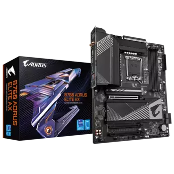 Материнская плата GIGABYTE B760 AORUS ELITE AX, Socket1700, Intel B760, 4xDDR5 DIMM, 3PCI-Ex16, 4SATA3, 7.1-ch, 2.5GLAN, 7 USB 3.2, 2 USB Type-C, HDMI, DP, ATX, Retail