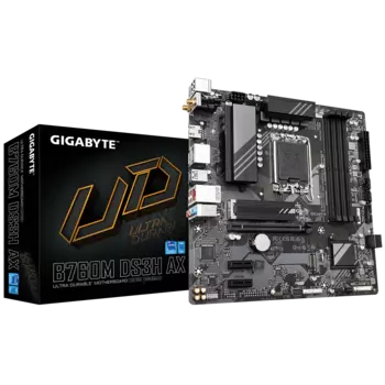Материнская плата GIGABYTE B760M DS3H AX, Socket1700, Intel B760, 4xDDR5 DIMM, PCI-Ex16, 4SATA3, 7.1-ch, 2.5GLAN, 5 USB 3.2, 1 USB Type-C, HDMI, DP, mATX, Retail