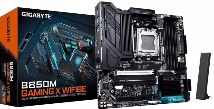 Материнская плата GIGABYTE B850M GAMING X WIFI6E, AM5, AMD B850, 4xDDR5 DIMM, PCI-Ex16, 4SATA3, 7.1-ch, 2.5GLAN, 5 USB 3.2, 2 USB Type-C, HDMI, DP, mATX, Retail