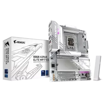 Материнская плата GIGABYTE B860 AORUS ELITE WIFI7 ICE, LGA1851, Intel B860, 4xDDR5 DIMM, 3PCI-Ex16, 4SATA3, 7.1-ch, 2.5GLAN, 8 USB 3.2, 2 USB Type-C, HDMI, DP, Type-C DP, ATX, Retail