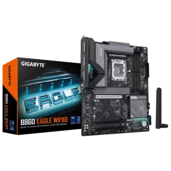 Материнская плата GIGABYTE B860 EAGLE WIFI6E, LGA1851, Intel B860, 4xDDR5 DIMM, 3PCI-Ex16, 4SATA3, 7.1-ch, 2.5GLAN, 3 USB 3.2, 2 USB Type-C, HDMI, DP, ATX, Retail