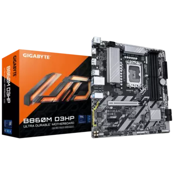 Материнская плата GIGABYTE B860M D3HP, LGA1851, Intel B860, 4xDDR5 DIMM, PCI-Ex16, 4SATA3, 7.1-ch, GLAN, 5 USB 3.2, 1 USB Type-C, HDMI, DP, mATX, Retail