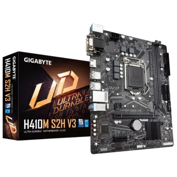 Материнская плата GIGABYTE H410M S2H V3, Socket1200, Intel H510, 2xDDR4, PCI-Ex16, 4SATA3, 7.1-ch, GLAN, 4 USB 3.2, VGA, DVI, HDMI, mATX, Retail