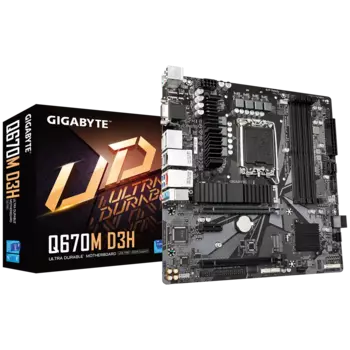 Материнская плата GIGABYTE Q670M D3H, Socket1700, Intel Q670, 4xDDR5 DIMM, 2PCI-Ex16, 4SATA3, 7.1-ch, GLAN, 2.5GLAN, 5 USB 3.2, 2 USB Type-C, VGA, HDMI, DP, mATX, Retail