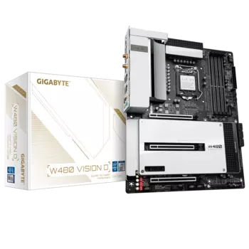 Материнская плата GIGABYTE W480 VISION D, Socket1200, Intel W480, 4xDDR4, 3PCI-Ex16, 6SATA3, 7.1-ch, GLAN, 2.5GLAN, 7USB 3.2, 3USB Type-C, HDMI, DisplayPort, ATX, Retail