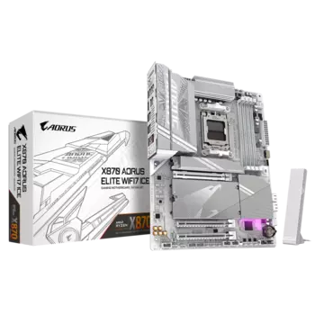 Материнская плата GIGABYTE X870 AORUS ELITE WIFI7 ICE, AM5, AMD X870, 4xDDR5 DIMM, 3PCI-Ex16, 4SATA3, 7.1-ch, 2.5GLAN, 8 USB 3.2, 3 USB Type-C, HDMI, Type-C DP, ATX, Retail