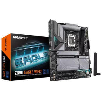 Материнская плата GIGABYTE Z890 EAGLE WIFI7, LGA1851, Intel Z890, 4xDDR5 DIMM, 3PCI-Ex16, 4SATA3, 7.1-ch, 2.5GLAN, 7 USB 3.2, 2 USB Type-C, DP, Type-C DP, ATX, Retail