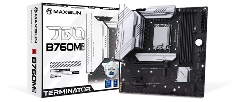Материнская плата MaxSun Terminator B760M D5, Socket1700, Intel B760, 4xDDR5 DIMM, PCI-Ex16, 4SATA3, 5.1-ch, 2.5GLAN, 4 USB 3.2, 1 USB Type-C, HDMI, DP, mATX, Retail