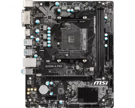 Материнская плата MSI A320M-A PRO, SocketAM4, AMD A320, 2xDDR4, PCI-Ex16, 4SATA3, 7.1-ch, GLAN, 6 USB 3.2, DVI, HDMI, mATX, Retail