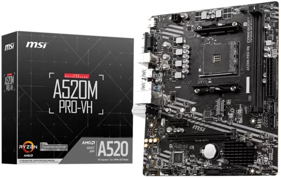 Материнская плата MSI A520M PRO-VH, SocketAM4, AMD A520, 2xDDR4, PCI-Ex16, 4SATA3, 7.1-ch, GLAN, 6USB 3.2, VGA, HDMI, mATX, Retail
