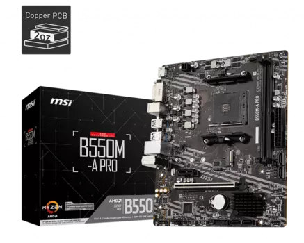 Материнская плата MSI B550M-A PRO, SocketAM4, AMD B550, 2xDDR4, PCI-Ex16, 4SATA3, 7.1-ch, GLAN, 6USB 3.2, DVI, HDMI, mATX, Retail