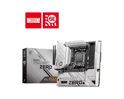 Материнская плата MSI B650M PROJECT ZERO, AM5, AMD B650, 4xDDR5 DIMM, PCI-Ex16, 4SATA3, 7.1-ch, 2.5GLAN, 7 USB 3.2, 3 USB Type-C, HDMI, DP, mATX, Retail Совместимость только с корпусами предусматривающими технологию скрытого подключения Back Connect