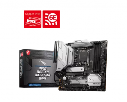 Материнская плата MSI MAG B660M MORTAR WIFI, LGA1700, Intel B660, 4xDDR5 DIMM, 2PCI-Ex16, 6SATA3, 7.1-ch, 1х2,5 Гбит/с, 5 USB 3.2, 2 USB Type-C, HDMI, DisplayPort, mATX, Retail