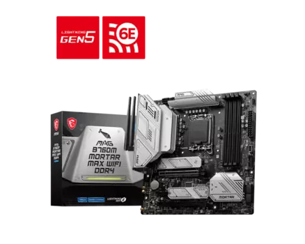 Материнская плата MSI MAG B760M MORTAR MAX WIFI DDR4, Socket1700, Intel B760, 4xDDR4, 2PCI-Ex16, 6SATA3, 7.1-ch, 2.5GLAN, 5 USB 3.2, 2 USB Type-C, HDMI, DP, mATX, Retail