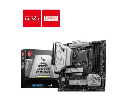 Материнская плата MSI MAG B760M MORTAR MAX WIFI, Socket1700, Intel B760, 4xDDR5 DIMM, 2PCI-Ex16, 6SATA3, 7.1-ch, 2.5GLAN, 5 USB 3.2, 2 USB Type-C, HDMI, DP, mATX, Retail