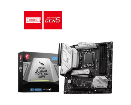 Материнская плата MSI MAG B760M MORTAR WIFI, Socket1700, Intel B760, 4xDDR5 DIMM, 2PCI-Ex16, 4SATA3, 7.1-ch, 2.5GLAN, 5 USB 3.2, 2 USB Type-C, HDMI, DP, mATX, Retail