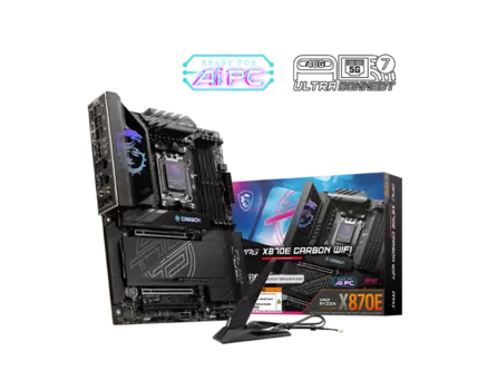 Материнская плата MSI MPG X870E CARBON WIFI, AM5, AMD X870E, 4xDDR5 DIMM, 3PCI-Ex16, 4SATA3, 7.1-ch, 2.5GLAN, 5GLAN, 13 USB 3.2, 5 USB Type-C, HDMI, Type-C DP, ATX, Retail