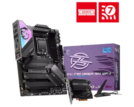 Материнская плата MSI MPG Z790 CARBON MAX WIFI II, Socket1700, Intel Z790, 4xDDR5 DIMM, 2PCI-Ex16, 6SATA3, 7.1-ch, 5GLAN, 10 USB 3.2, 3 USB Type-C, HDMI, ATX, Retail