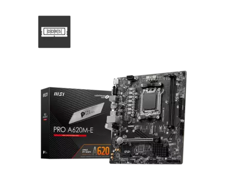Материнская плата MSI PRO A620M-E, AM5, AMD A620, 2xDDR5 DIMM, PCI-Ex16, 4SATA3, 7.1-ch, GLAN, 6 USB 3.2, VGA, HDMI, mATX, Retail